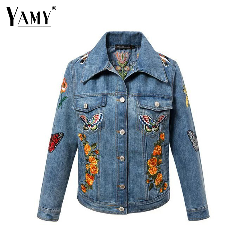 

Wholesale- 2016 Vintage butterfly Denim Jacket women winter long sleeve button slim basic coat girl street Lapel outerwear, Blue
