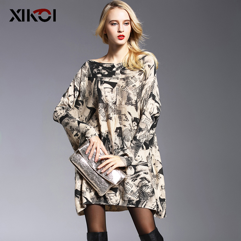 Wholesale-XIKOI New Design Women's Fashion Sweaters Batwing Sleeve Print Slash Neck Pullovers Computer Knitted Women Sweater 6011