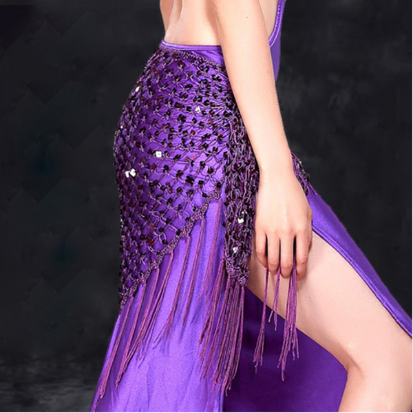 12 Colors Belly Dance Practice Clothes Accessories Stretchy Long Tassel Triangle Belt Hand Crochet Belly Dance Hip Scarf Sequin-image-401569210