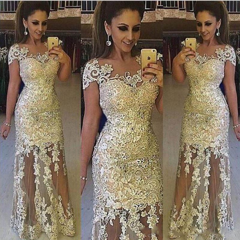 

Light Gold Lace Prom Dresses Sheer Neck Cap Sleeves Tulle See Through Evening Gowns South African 2k18 Formal Party Dress Vestidos, Pink