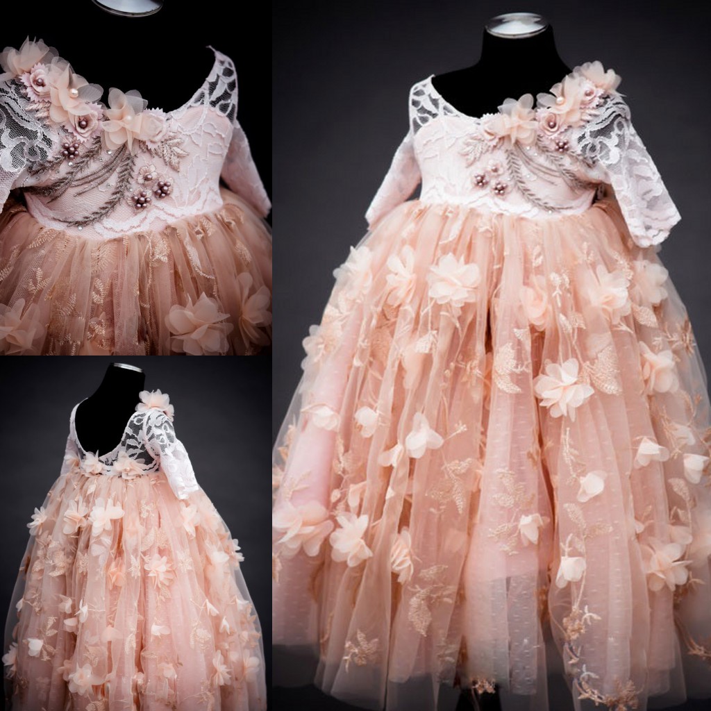 

New Arrival Ball Gown Lace Flower Girl Dresses For Weddings 3D Appliqued Little Girls Pageant Dress Tulle Beaded Communion Gowns, Champagne