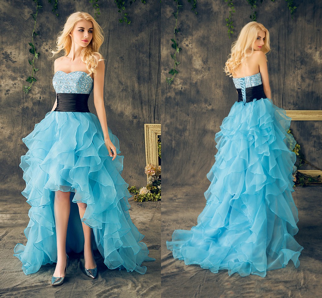 2021 Robes de soirée Restaurants Sky Blue Pal Sweetheart Suisse Haut-Low Saisissures Ruffles Jupe Ville Prix Formelle Formelle Robe d'invité EV10