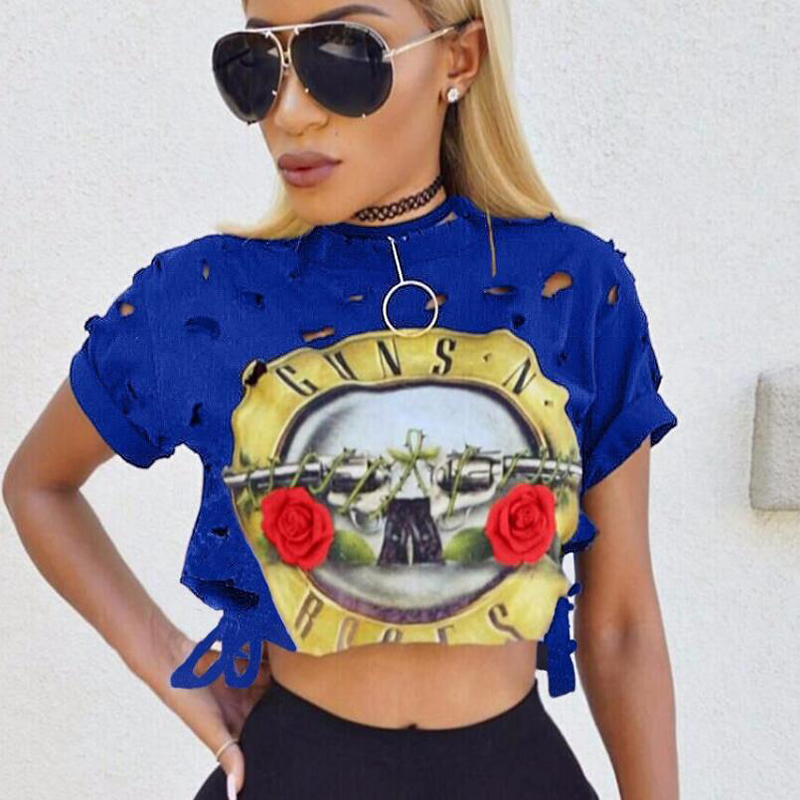 

Wholesale-Women Sexy T-shirts Lady Cropped Tops Hollow Out t Shirt GUNS N ROSES Print Vintage Holes Ripped Female T-shirt Short Sleeve Tee, Gray