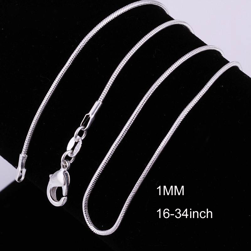 

Free shipping Wholesale 16-34 Inches 20PCS Snake Necklace Chains 1MM 925 Sterling Silver Findings DIY Jewelry Hot
