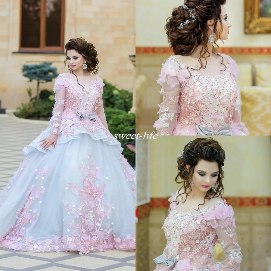 

Beautiful Wedding Dresses Ball Gown 3D Flowers Applique Lace Plus Size Long Sleeve Sheer Neck Court Train Formal Wedding Party Bridal Gowns, Same as image