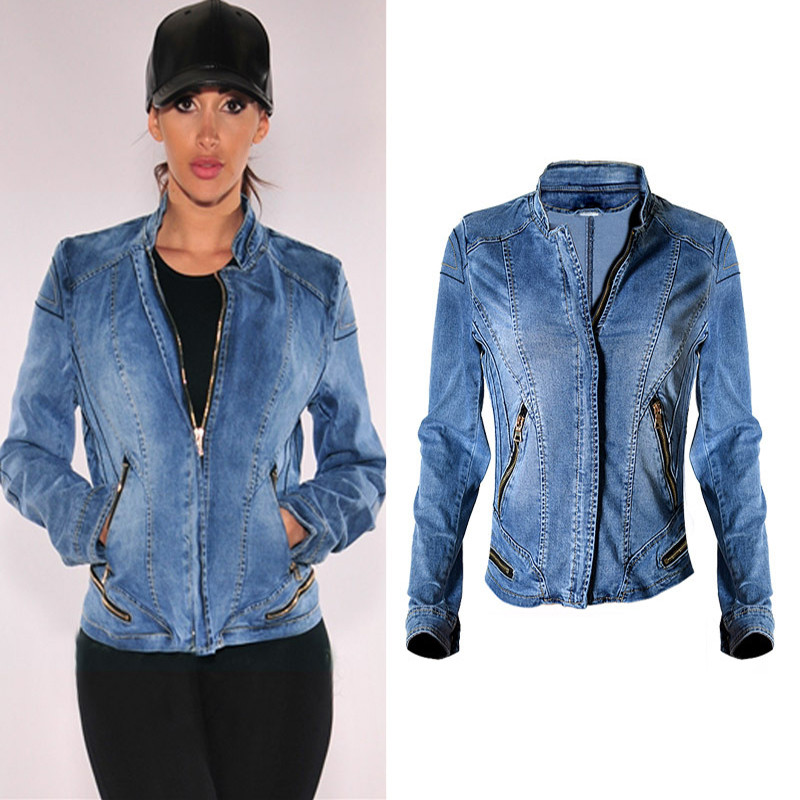 En gros livraison gratuite Populaire Femmes Bleu Denim Veste Multi-zipper Moteur Style Col Montant Coupe-Vent Manteau Plus La Taille XL