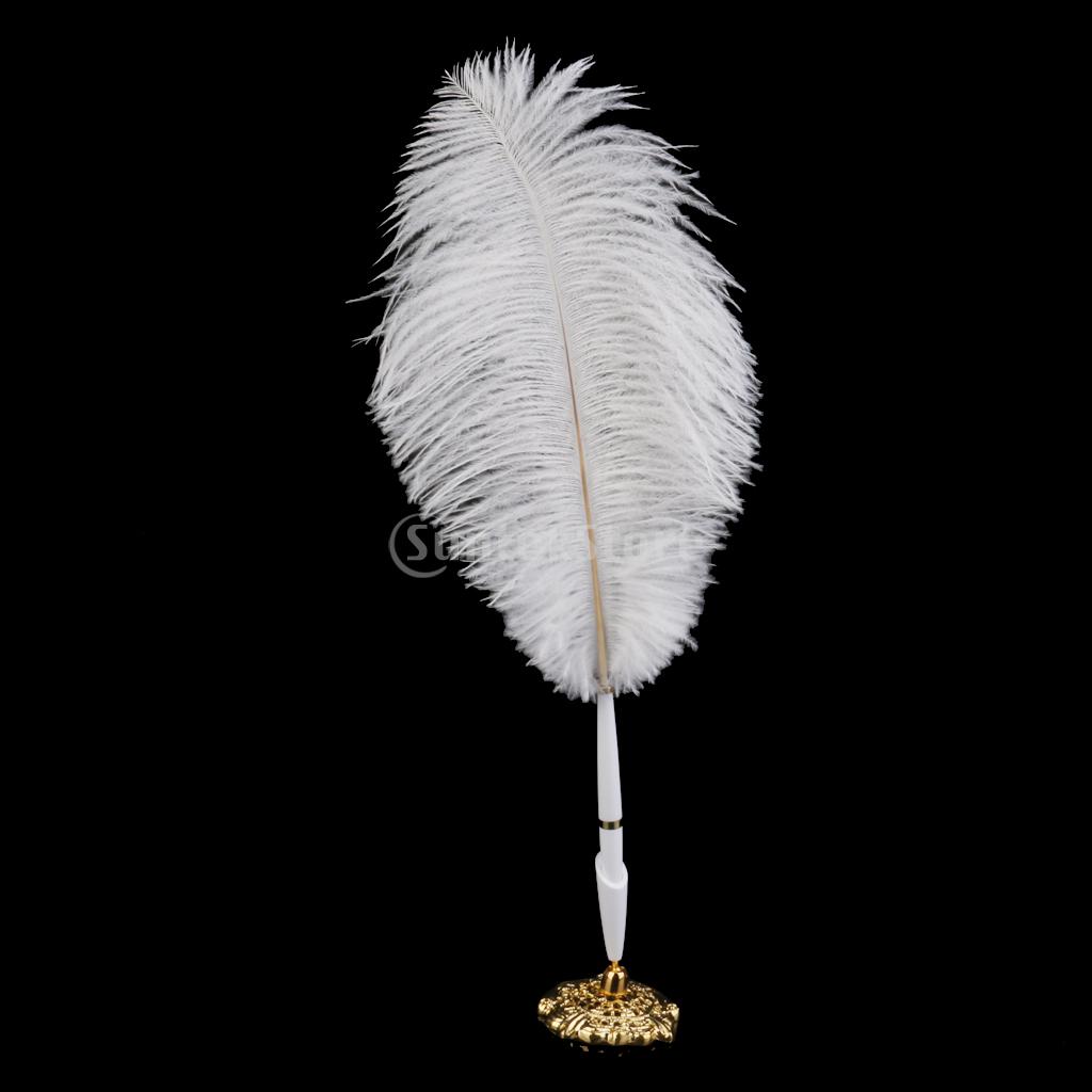 

Wholesale-Ostrich Feather Quill Signing Pen with Metal Holder Wedding Pen Set White