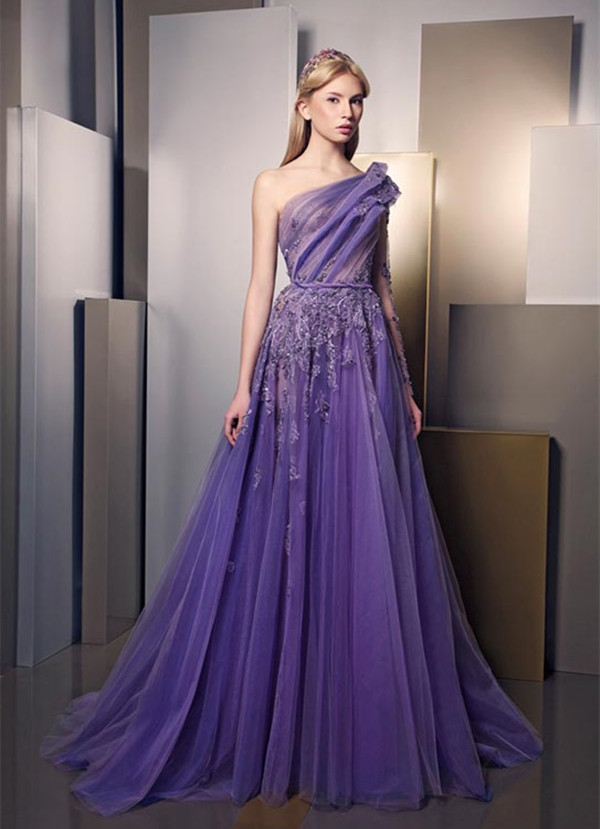 

Lavender Beaded Prom Dresses One Shoulder Appliques A-Line Evening Gowns Tulle Sweep Train Pleated Party Dress, Daffodil