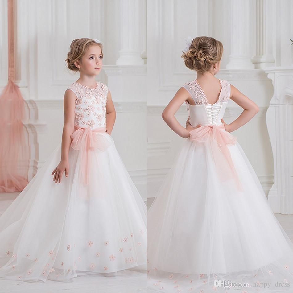 

2020 New Arrival Coral Flower Girls' Dresses Jewel Appliques Sash Sweep Train Organza Flower Girl Dresses Lace Up Girls Pageant Gowns, Hunter