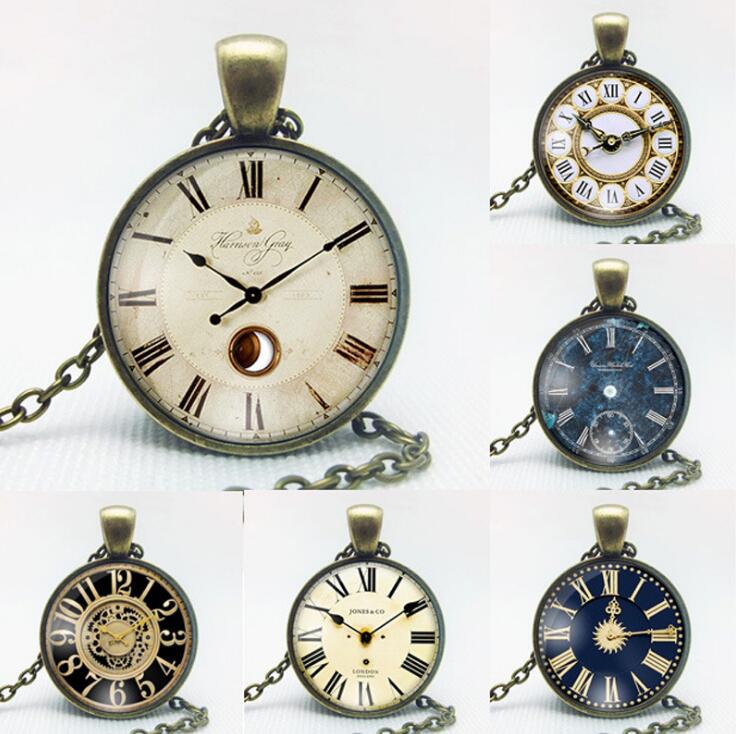 

Best gift Retro Alloy Watch Clock Gemstone Necklace Fashion Pendant Patterns can be customized WFN515 (with chain) mix order 20 pieces a lot
