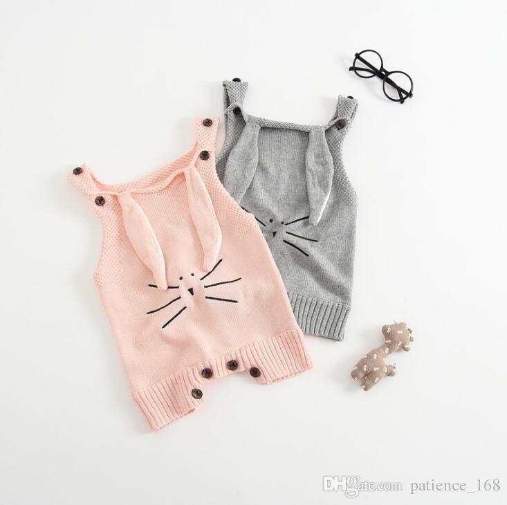 

In stock INS 2 color European and American Style new arrival baby solid color Cotton knitted Cute long ear baby Suspenders romper, Gray