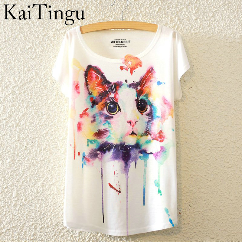 

Wholesale-KaiTingu 2016 Brand New Fashion Summer Harajuku Animal Cat Print Shirt O-Neck Short Sleeve T Shirt Women Tops White T-shirt, Tp591