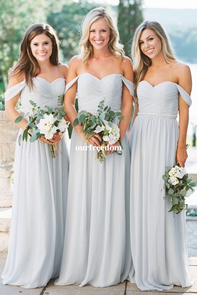 

2019 Grey Sky Blue Chiffon Bridesmaid Dresses Off The Shoulder Floor Length Waist With Beaded Maid Of Honor Wedding Guest Gown Cheap Hot