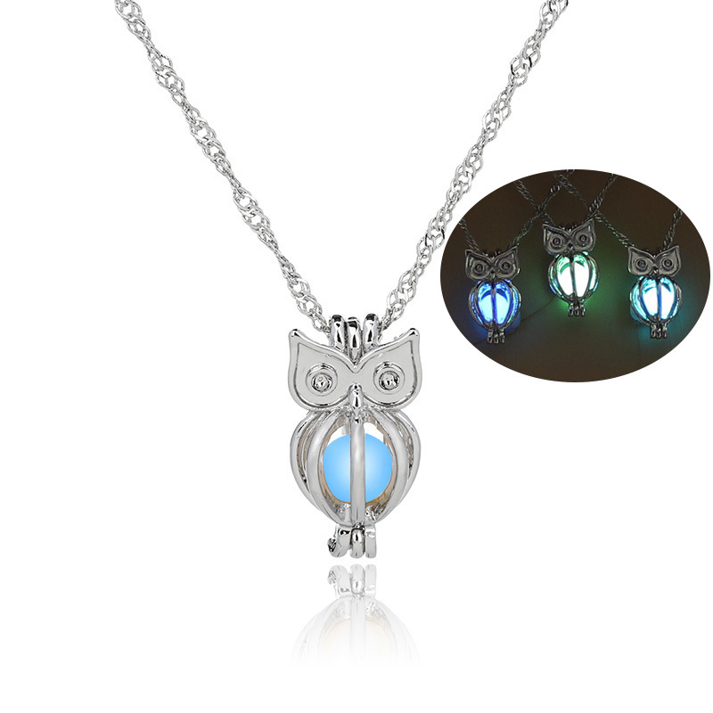 

2017 Glow In The Dark Owl necklace Hollow pearl cages pendant luminous animal Charm necklaces For women&Ladies Luxury Fashion Jewelry