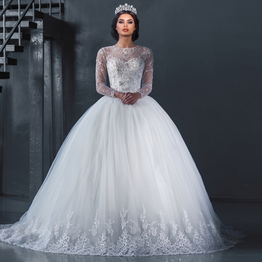

vestidos de novia Vintage Long Sleeve Crystals Wedding Dress Luxury Princess Crystal Applique Floor Length casamento Bridal Gowns, Ivory