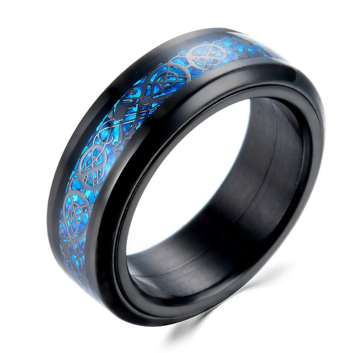 Men's Rotatable Stainless Steel Ring Celtic Dragon Inlay Comfort Fit Mens Wedding Band Size 7-13#