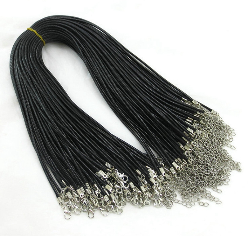 Epack gratuit 100pcs 2mm chaînes de cire noire collier de serpent en cuir cordon de perles fil de corde 45cm + 5cm chaîne d'extension avec fermoi