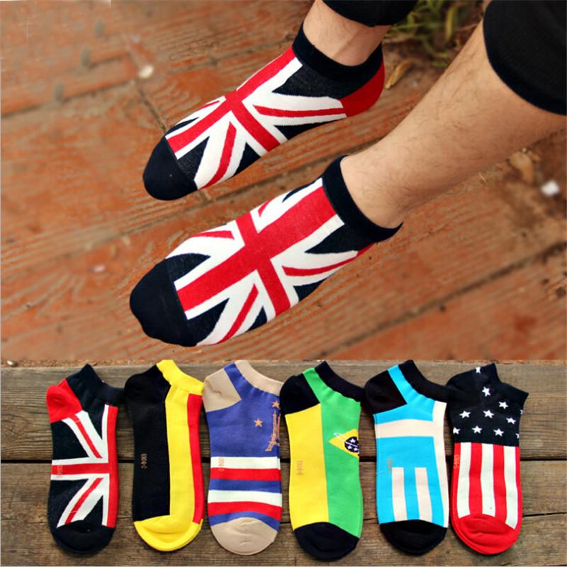 

Wholesale- New Arrival men's socks invisible Socks 6 pairs/lot Classic Male Brief Cotton Man Sock Slippers Shallow Mouth National flag Sock, Multi