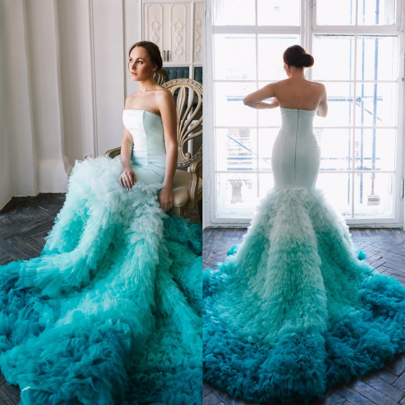 

Stunning Tiered Gradient Prom Dress Stylish Tulle Mermaid Sweep Train Party Dress Simple Strapless Zipper Backless Fromal Wear Evening Dress, Silver