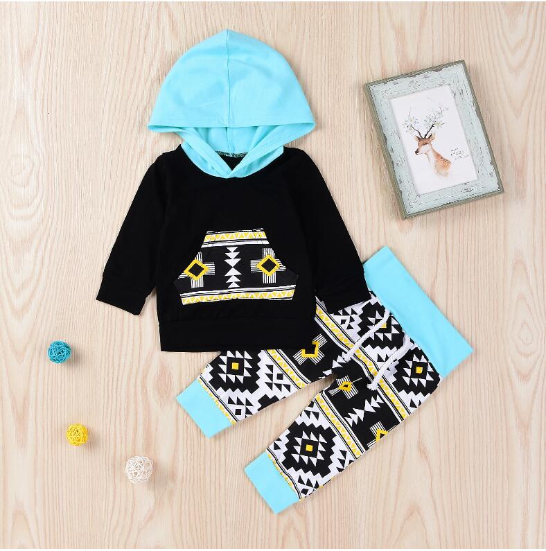 

Baby Boy Geometry Print Hoodies Sets Two Pieces Boy Long Sleeve Hoodies Suit Kids Autumn Winter Light Blue Clothes Children Fashion Clothing, Wathet blue