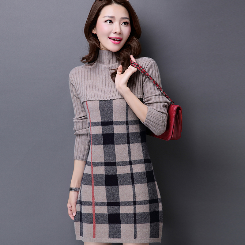 Wholesale-Turtleneck Plaid Long Sweater Dress for Woman 2016 Autumn Winter Patchwork Fashion Slim Computer Knitted Woolen Dress Female