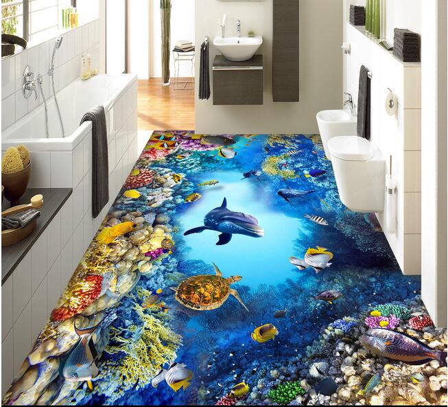 

3d pvc flooring custom photo Waterproof floor wall sticker Sea World Fish Coral Dolphin decoration painting room 3d wall murals wallpaper, Pictures show