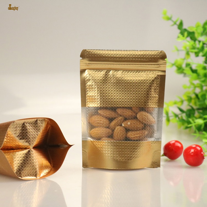 

Bolsas De Regalo 100pcs/lot 9sizes Clear Windowed Gold Embrass Stand Up Zip Lock Bag Self Seal Zipper Food Storage Retail Packaging Pouch