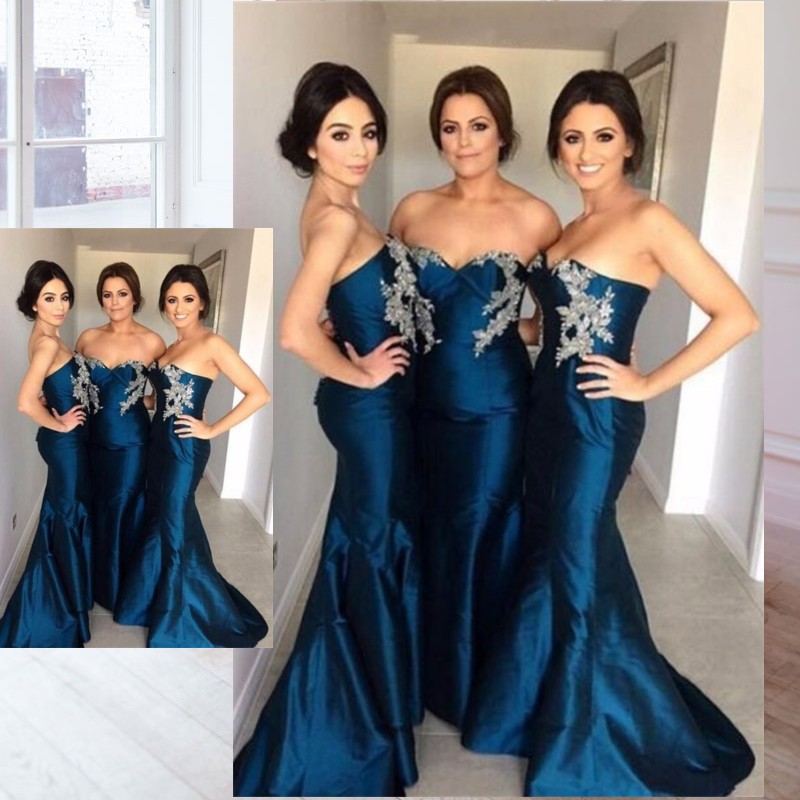 

Charming Sweetheart Mermaid Bridesmaid Dress Fashion Appliques Sleeveless Zipper Backless Wedding Party Dress Satin Sweep Trian Prom Dresses