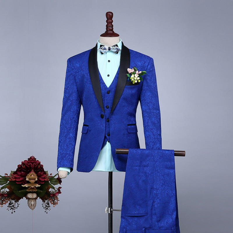 

Wholesale- Classic Royal Blue Men Prom Performance Mens Suit Cheap Wedding Groom Tuxedos Men Suits 3 Pieces (Jacket+Pants+Vest), As picture
