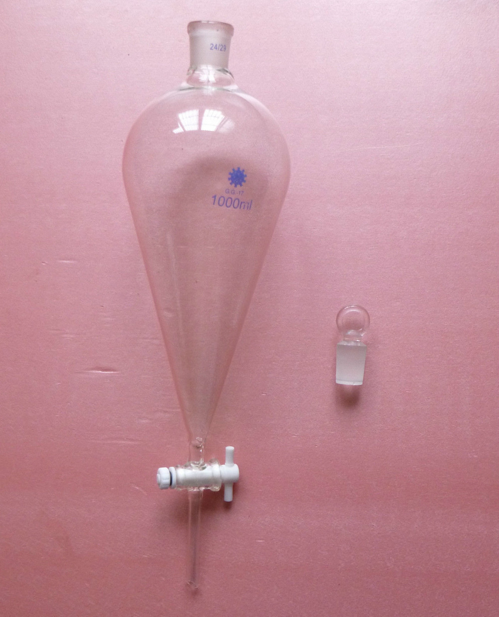 

Wholesale- 1000ml,24/29,Pyriform Separatory Drop Funnel,1L,PTFE stopcock,Glass stopper,Chemistry Labware, As pic