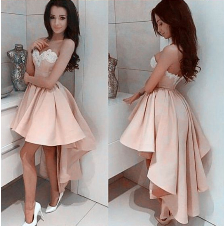 

Charming Pink High Low Prom Dress Sexy Sweetheart Applique Satin Evening Gowns 2k15 Cheap Short Prom Dress Elegant Formal Party Dresses, Ivory