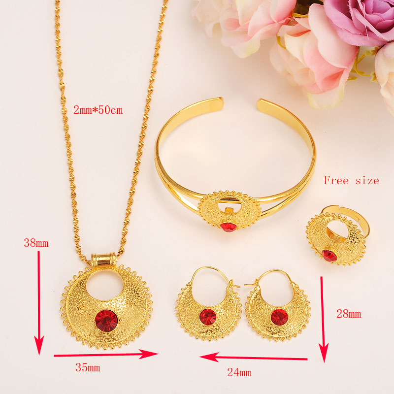 

Ethiopian Set Jewelry Pendant /Earrings/Ring/Bangle Solid 14k Solid Gold GF Fine CZ red ruby Africa Bride Wedding Eritrea Party Gift