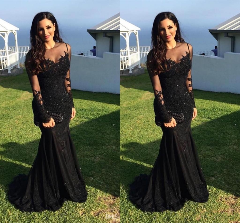 Compra 2017 Elegantes Vestidos Negros Ropa De Noche Cuello Transparente  Ilusión Manga Larga Sirena De Encaje Apliques Beades Barrer Tren Sirena  Batas De Baile Barato | Entrega Rápida Y Calidad | Es.Dhgate