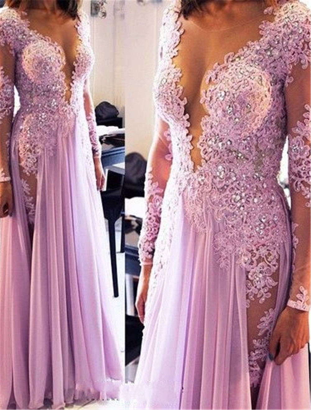 

Sexy Lace Appliques Crystals 2021 Prom Dress V-neck Chiffon Side Slit Lilac Sheer Evening Gown cortos elegantes de cocte, Fuchsia