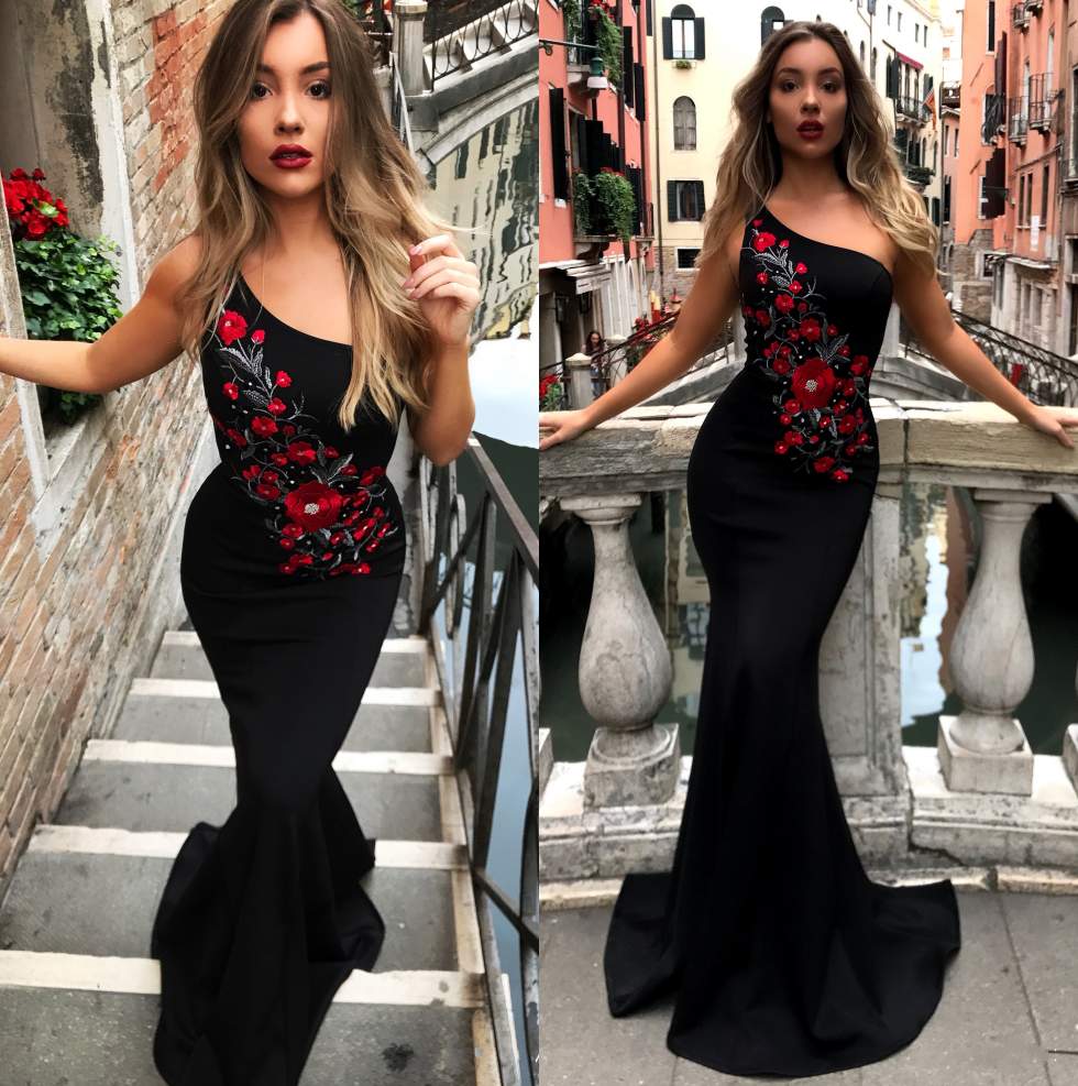 

Modest Black Embroidery Flower Prom Dresses One Shoulder Mermaid Customized Evening Gowns Floor Length Cheap Party Dress, White