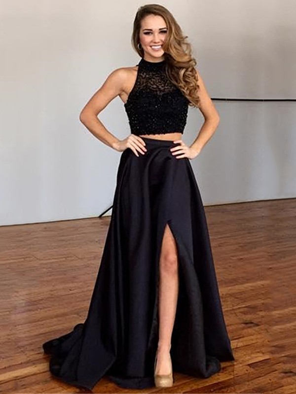Elegant Evening Dresses A-line High Neck Black Satin Tulle Sweep Train Split Front Two Piece Prom Dress 2021