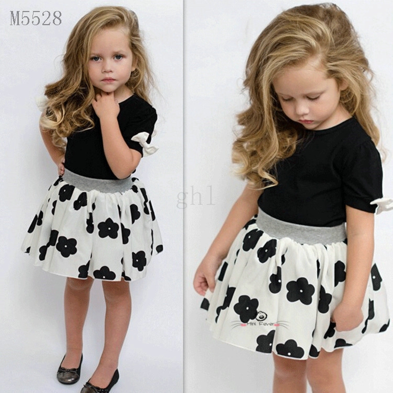 Wholesale- Summer Girls Vêtements Ensembles T-shirt à manches courtes de mode + Mousseline Tutu jupes florales enfants enfants vêtements fille 2p