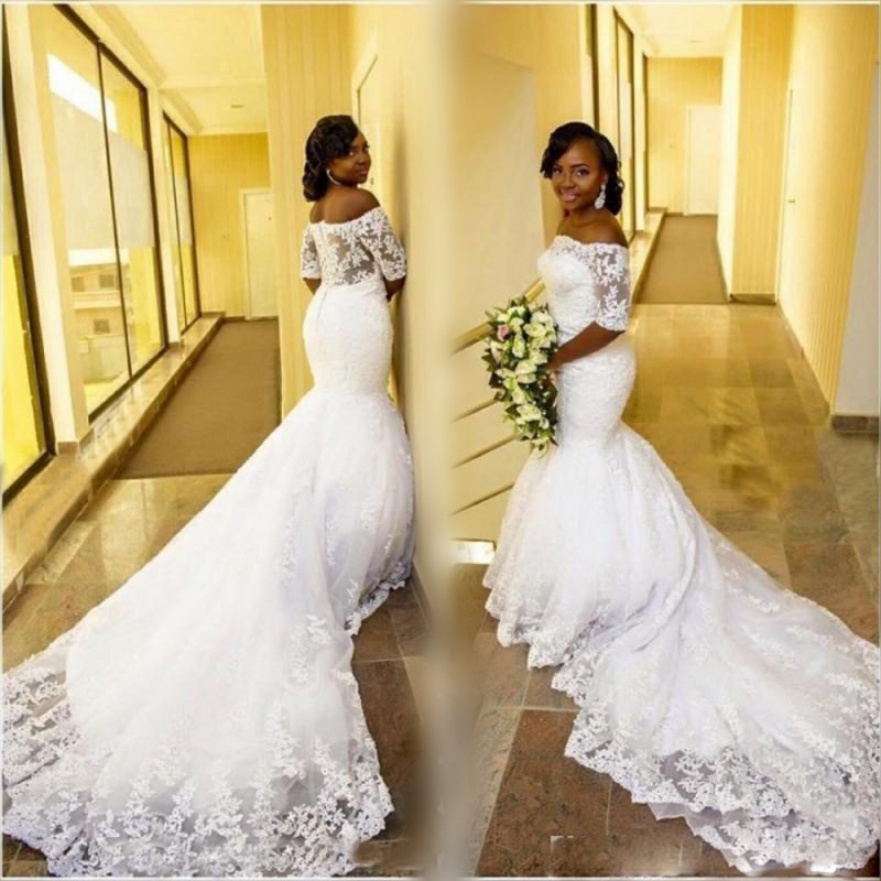 

Lace Off Shoulder Mermaid Wedding Dresses Plus Size Short Sleeves Bridal Gowns South African Sweep Train Wedding Vestidos, Pink