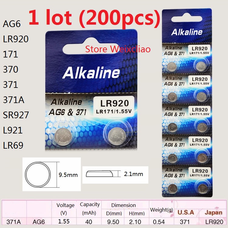 

200pcs 1 lot AG6 LR920 171 370 371 371A SR927 L921 LR69 1.55V alkaline button cell battery coin batteries Free Shipping