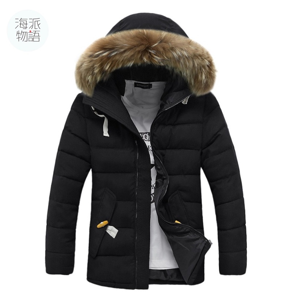 

Wholesale- Free shipping Winter Men Casual Warm Jackets Coats Wear Warm Jacket With Fur Hat Abrigos Chaqueta Hombre Veste Homme 3 color, Black