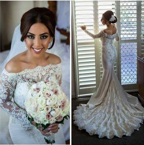 

New 2019 Boat Neck Long Sleeves Lace Mermaid Wedding Dresses Court Train Pearls Covered Button Bridal Gowns Custom Made, Same as image