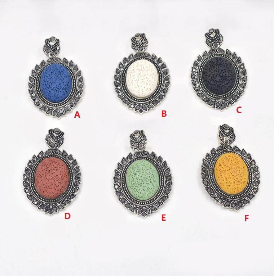 

Vintage Crystal Oval Natural Lava Stone Pendant Perfume Essential Oil Diffuser Charms Ethnic Accessories DIY Necklace Jewelry Women