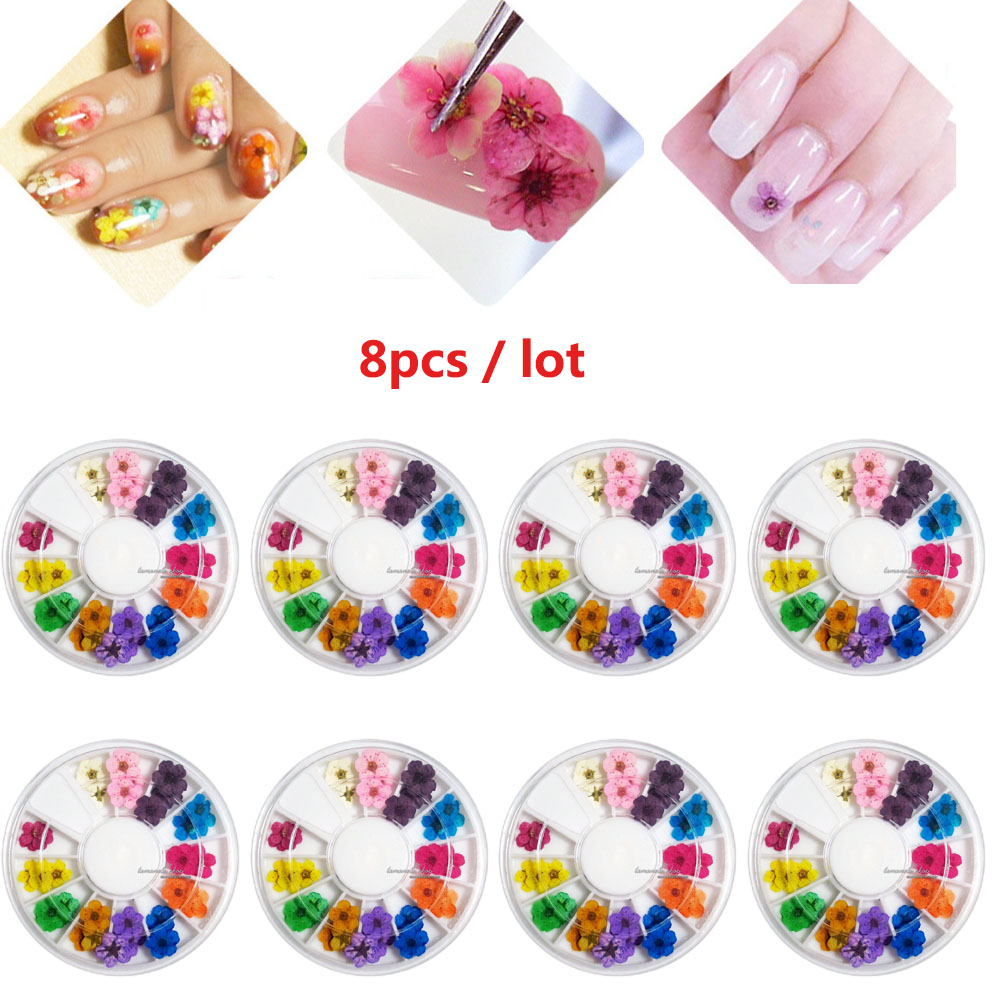 

8Pcs/Set Wheel 12 Color Real Dry Dried Flower for 3D UV Gel Acrylic False Tips Nail Art Salon, Black