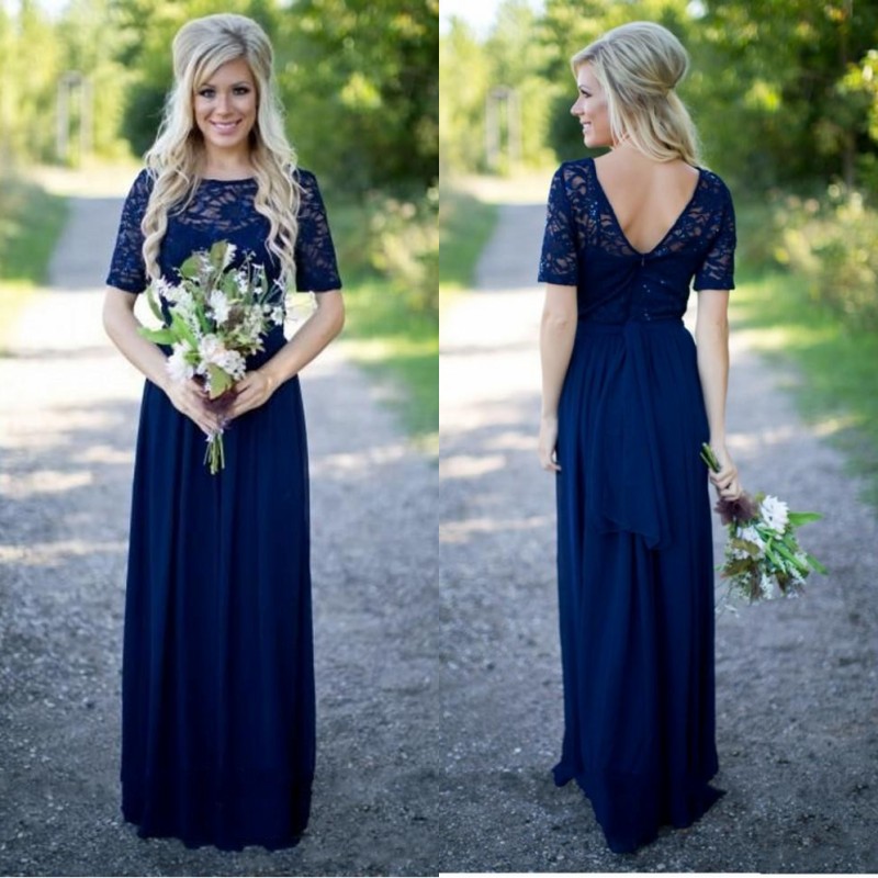 2020 Country Style Bridesmaid Dresses Long For Weddings Navy Blue Chiffon Short Sleeves Illusion Lace Sequin Purple Maid Of Honor Gowns