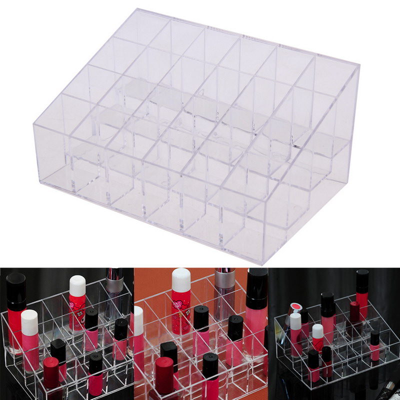 

Wholesale- 24 Lipstick Holder Display Stand Clear Acrylic Cosmetic Organizer Makeup Case Sundry Storage makeup Organizer UB#