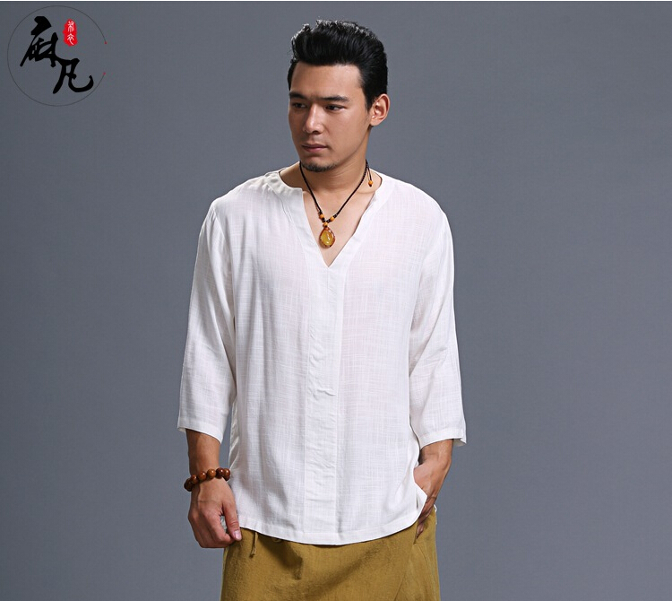 

Men's Casual Shirts Wholesale- Summer Folk Style Fashion Literary V Collar Thin Slub Cotton Linen Shirt Men, As pic
