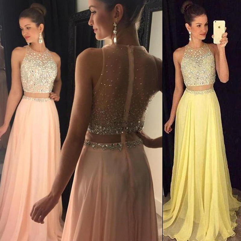 New Cheap Illusion Two Pieces Prom Dresses Jewel Neck Yellow Peach Chiffon Long Crystal Beads 2 Pieces Open Back Party Dress Evening Gowns