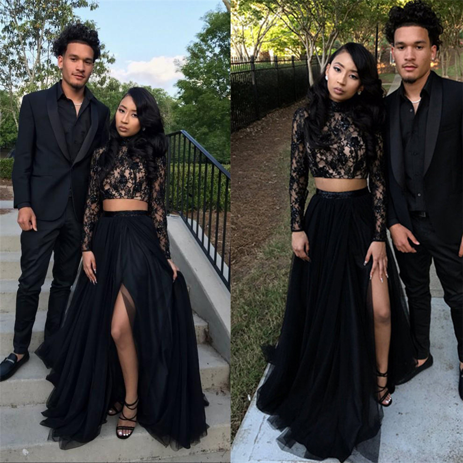 

Newest Two-Piece Black Front-Split Long-Sleeve Lace Prom Dress High Neck Lace and Chiffon Evening Dress with Side Slit, Silver