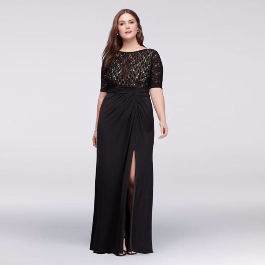 

Lace Bodice Plus Size Dress with Ruched Skirt WBM1123W Half Sleeves Black Sexy Mother of the Bridal Dres Wedding Party Dress Formal Dresses