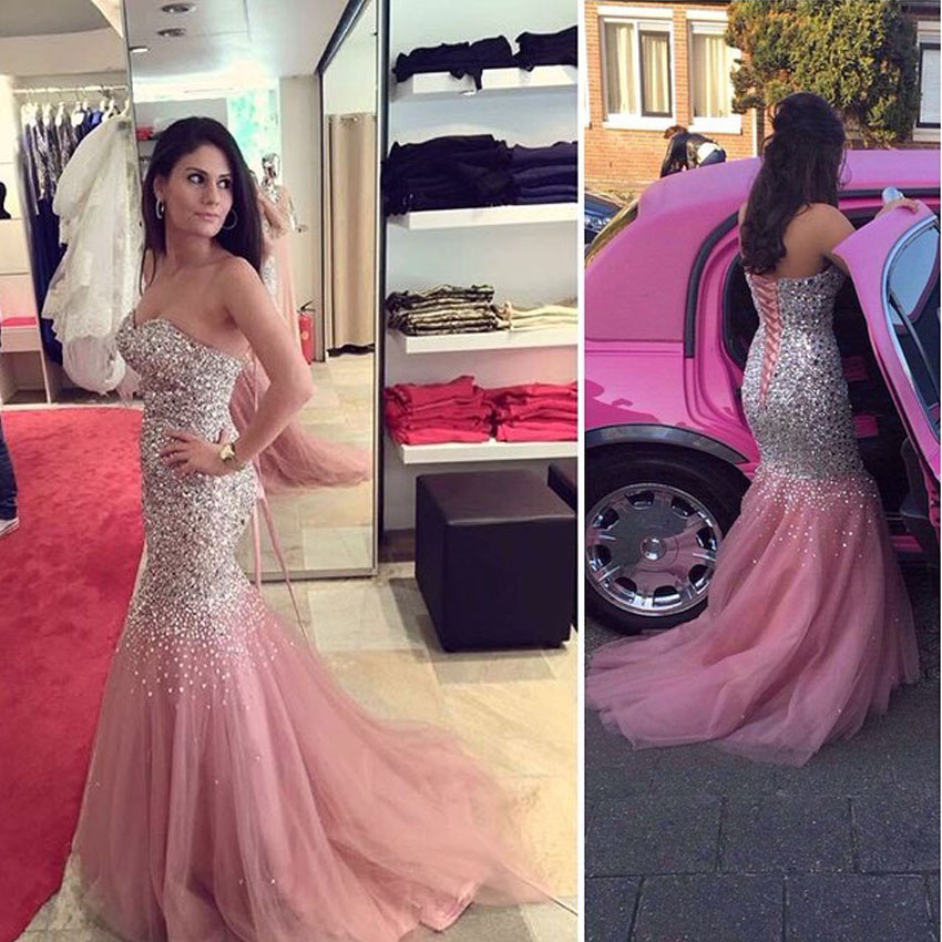 

2018 Luxury Mermaid Evening Dresses Sweetheart Crystal Sequins Beaded Tulle Satin Floor Length Plus Size Skin Pink Prom Dresses Pageant Gown, Orange